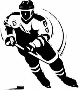 Cartoon drawing of a hockey player hitting the puck