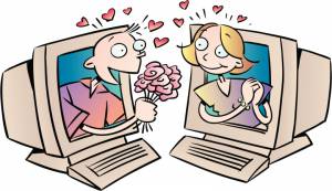 Romantic couple in online dating site meeting in their computer monitors